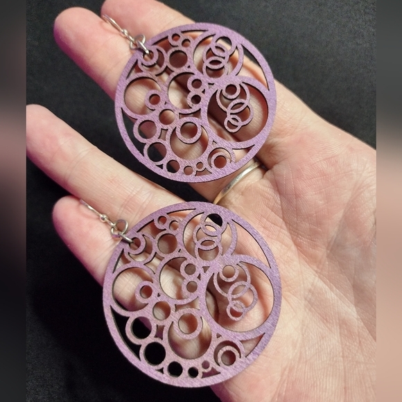 Purple Wooden Circle Dangle Earrings - Picture 2 of 6